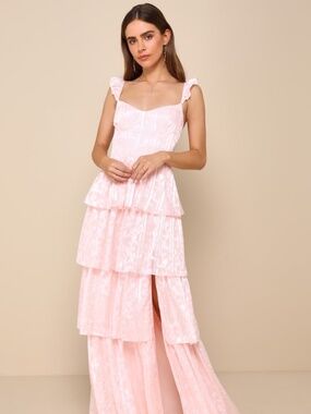 Lulus Stunning Glory Light Pink Floral Jacquard Tiered Maxi Dress - Size M